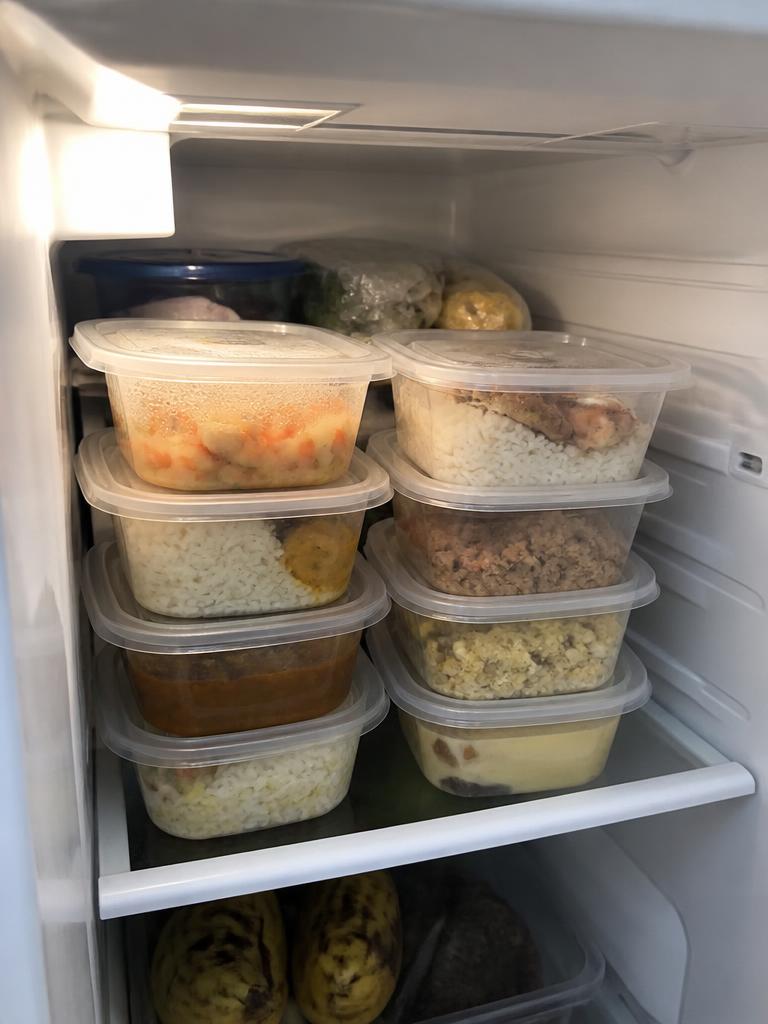Geladeira de aluna organizada com marmitas da semana