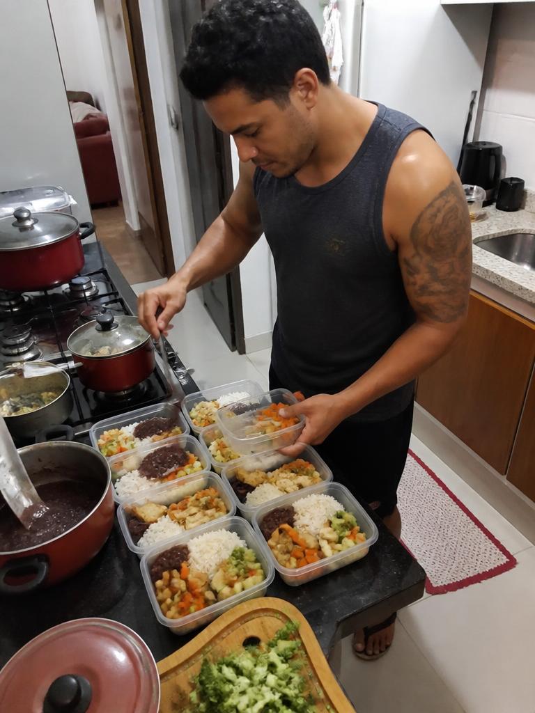 Aluno preparando as marmitas da semana no domingo